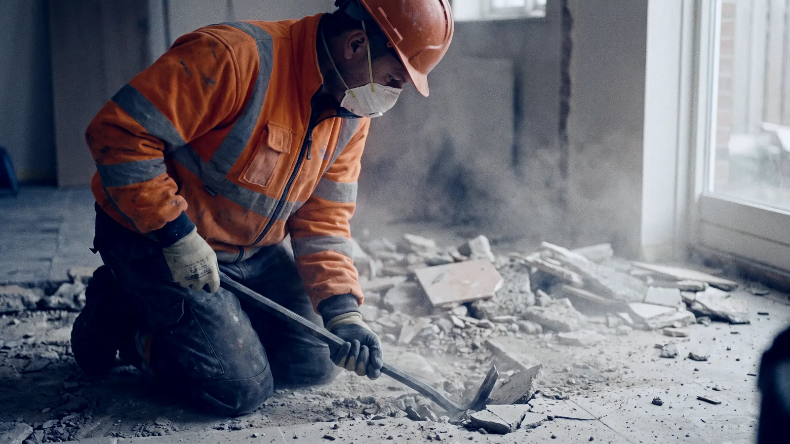 Mitarbeiter von Trageprofi beim Rückbau eines Bodenbelags auf der Baustelle