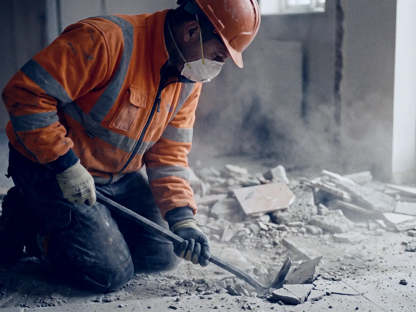 Mitarbeiter von Trageprofi beim Rückbau eines Bodenbelags auf der Baustelle