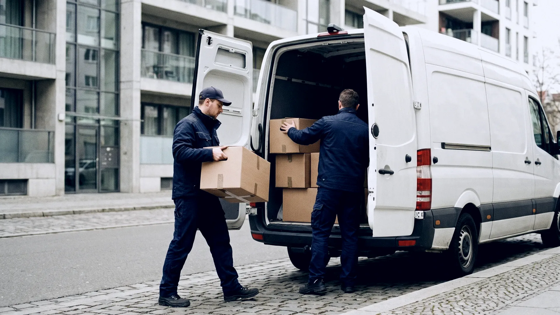Zwei Mitarbeiter von Trageprofi beladen den Transporter vor einem Wohngebäude